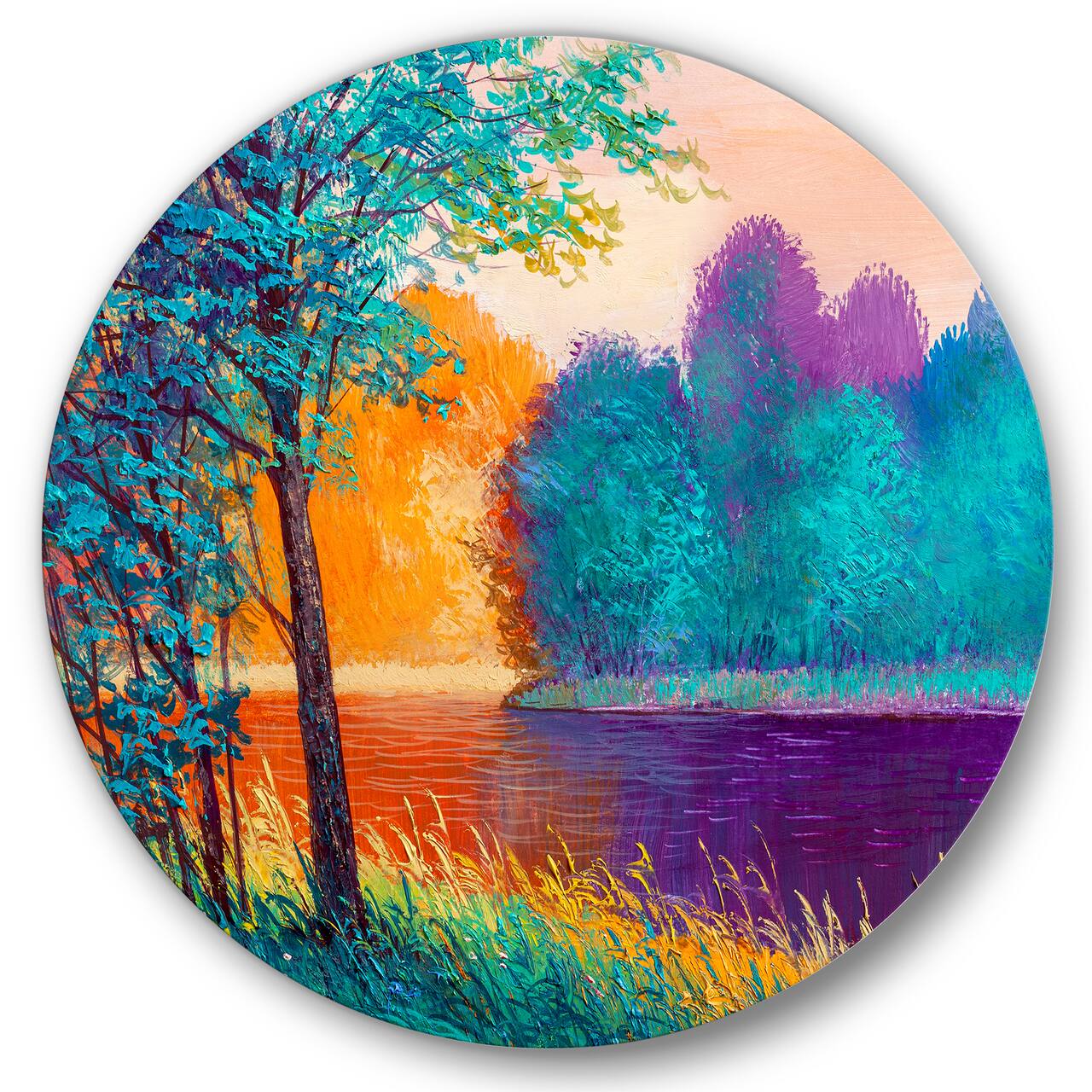 Designart - Colorful River Between The Trees During Twilight - Traditional Metal Circle Wall Art